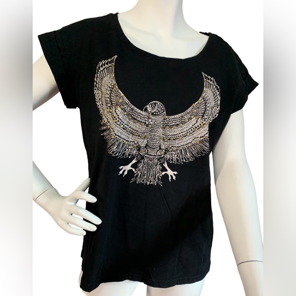 Girls black t-shirt with eagle graphic and bronze tone studs from Australia.